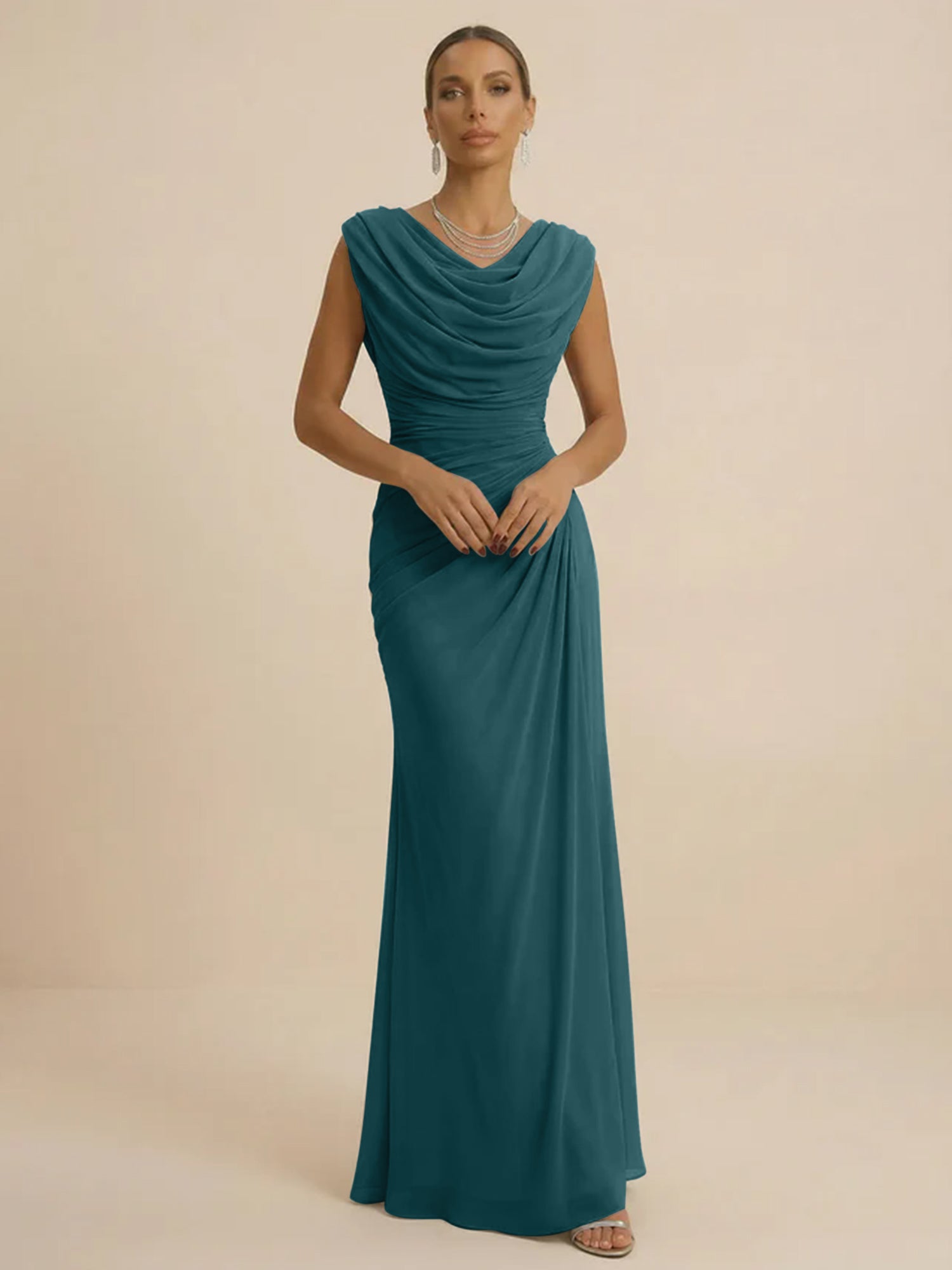 Dusty Grey Draped Cowl Neck Ruched Chiffon Evening Dresses