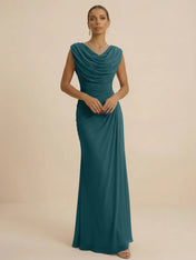 Dusty Grey Draped Cowl Neck Ruched Chiffon Evening Dresses