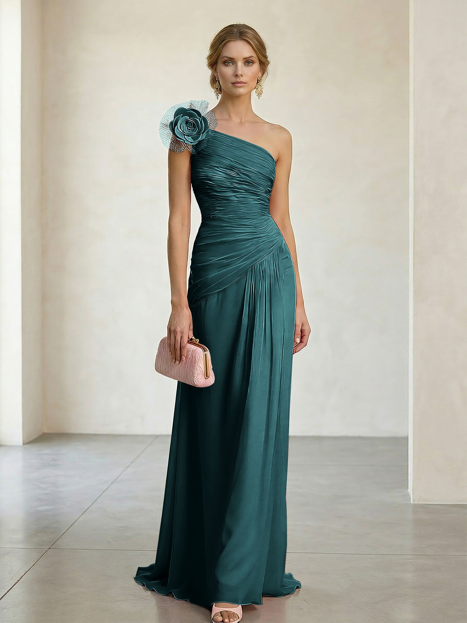 Blush Pink One-Shoulder Ruched 3D Floral Gown Dress