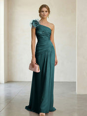 Blush Pink One-Shoulder Ruched 3D Floral Gown Dress