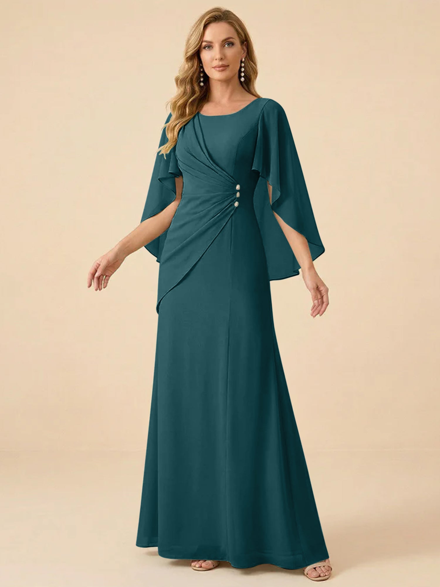 Sage Green Chiffon Beaded Mother of the Bride Dress with Cape Sleeves