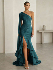 Glamorous Midnight Navy Formal Evening Dress One-Shoulder Ruched Cape Gown