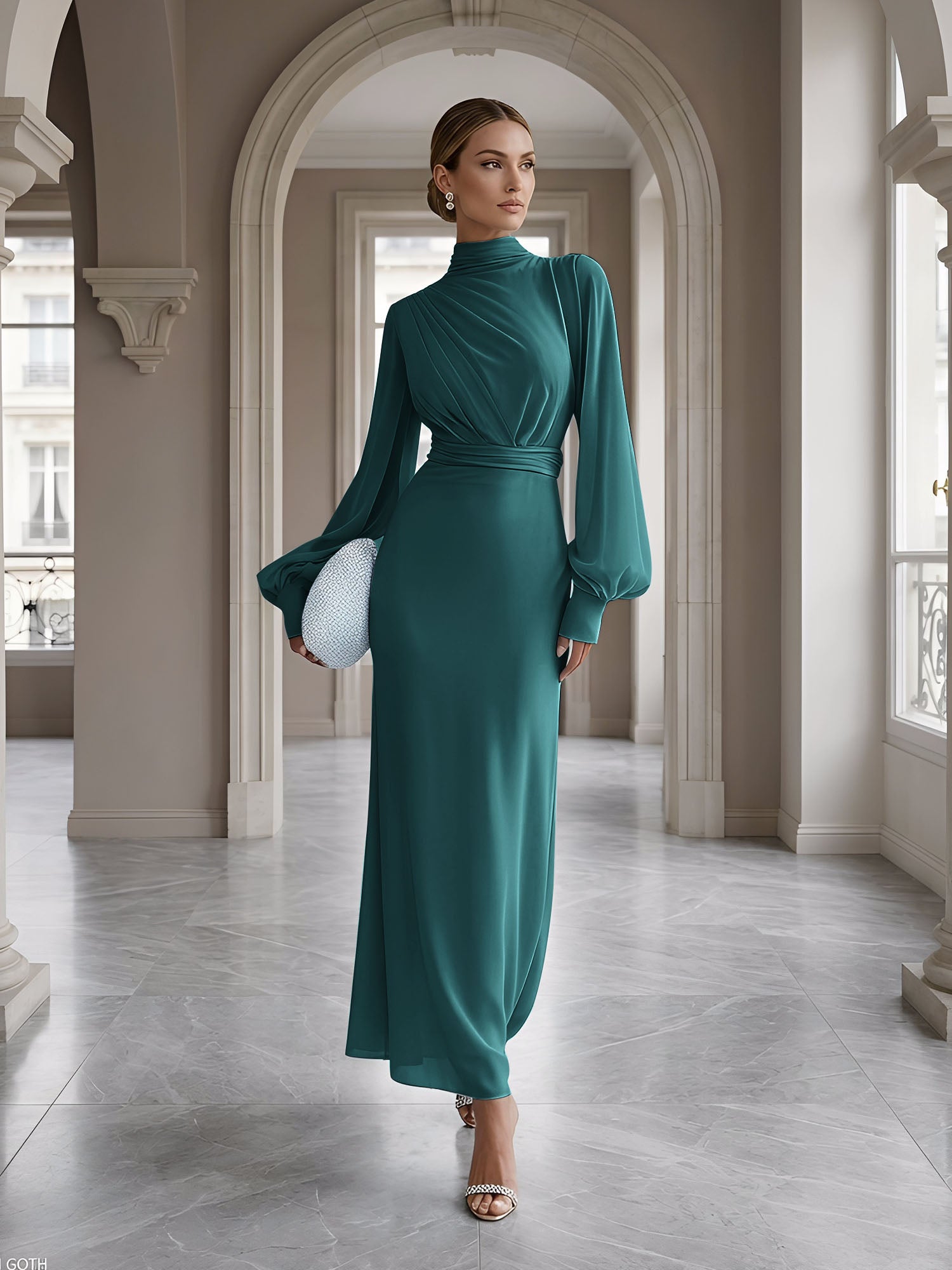 Ice Blue High-Neck Bishop Sleeve Gown Foraml Evening Dress
