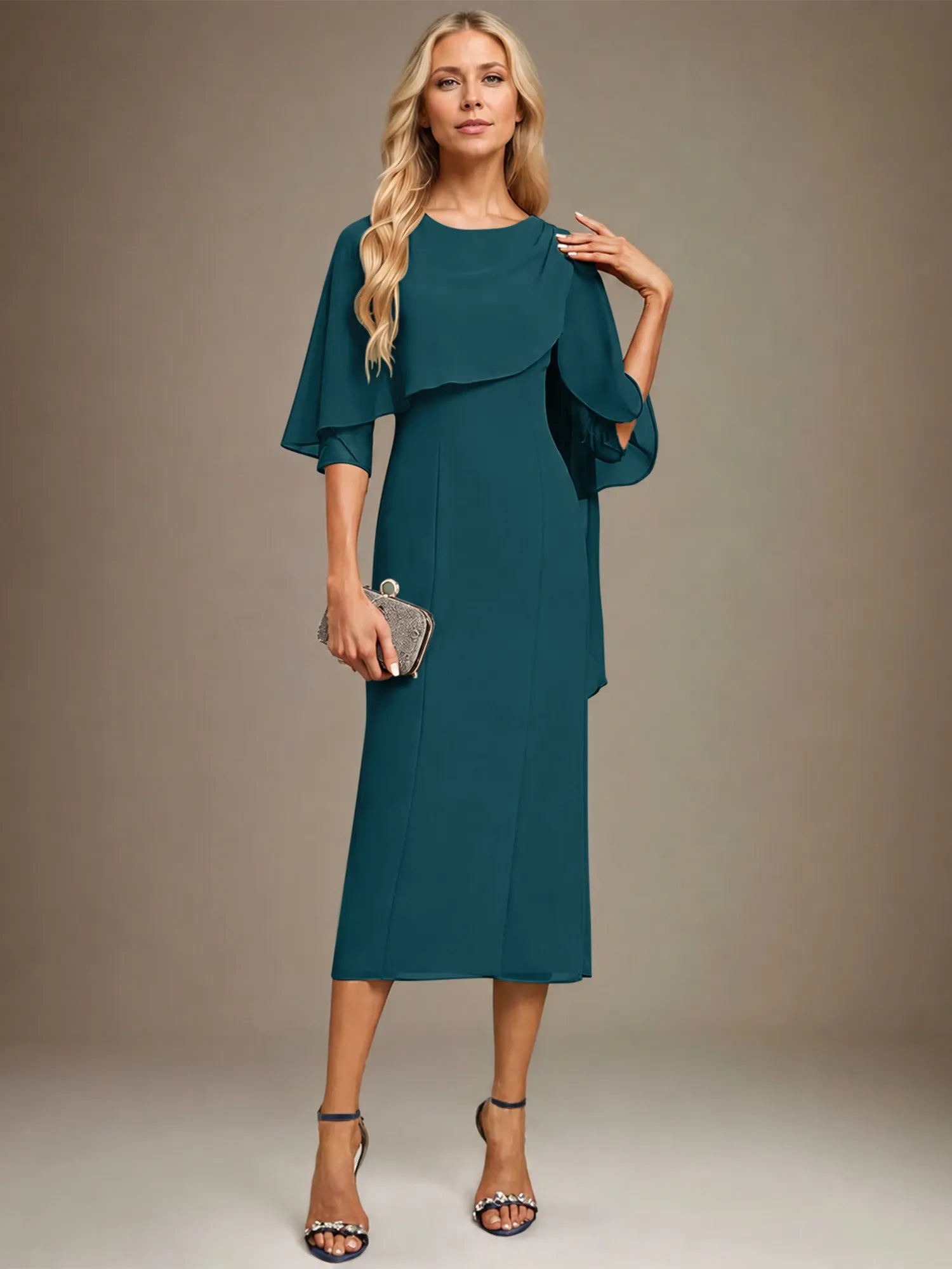 Column Scoop Tea Length Chiffon Dress With Pleated Beading