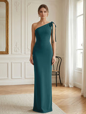 Green Formal Evening Dress Sheath One Shoulder Sleeveless Maxi Dress Gown