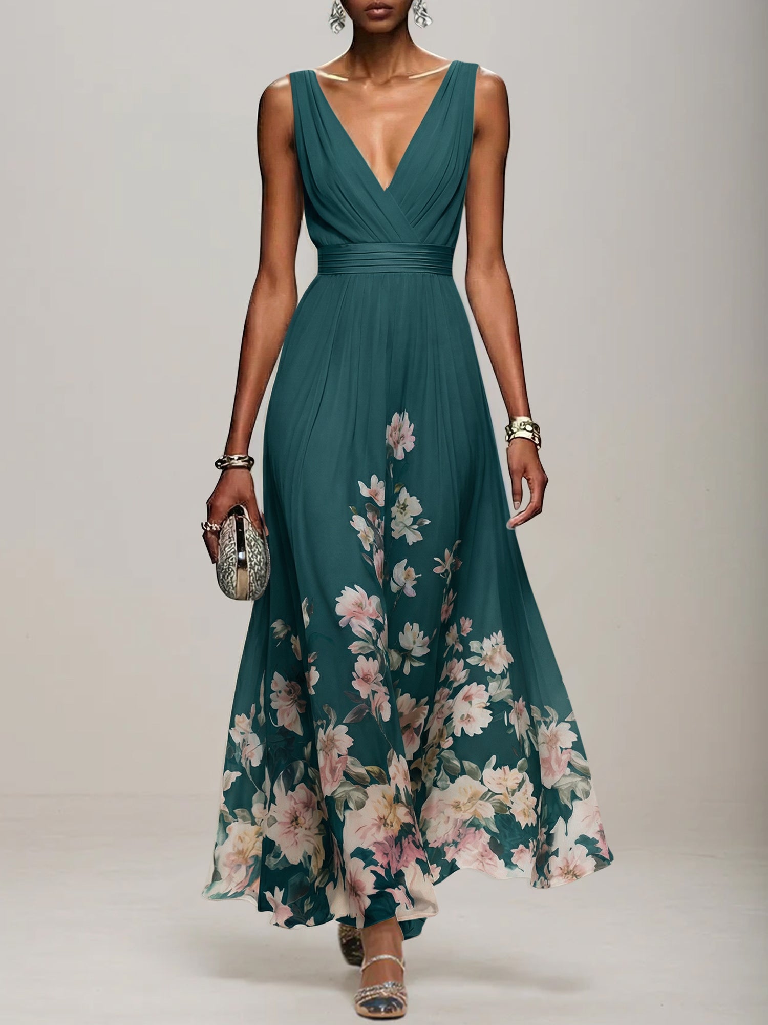 Light Blue Floral Chiffon V Neck Sleeveless A Line Maxi Dress