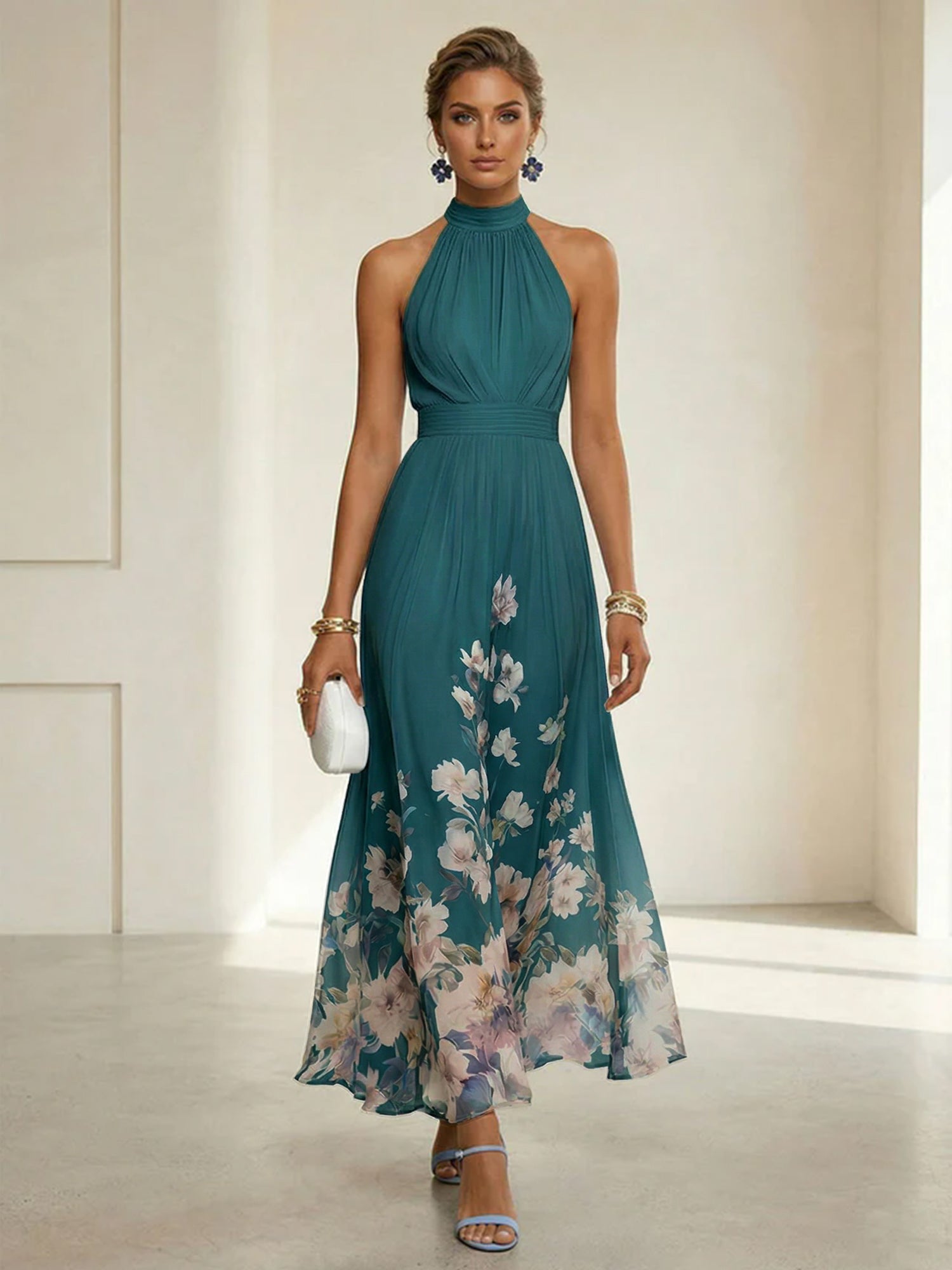 Light Blue Floral Chiffon Halter Sleeveless A-Line Maxi Dress Gown
