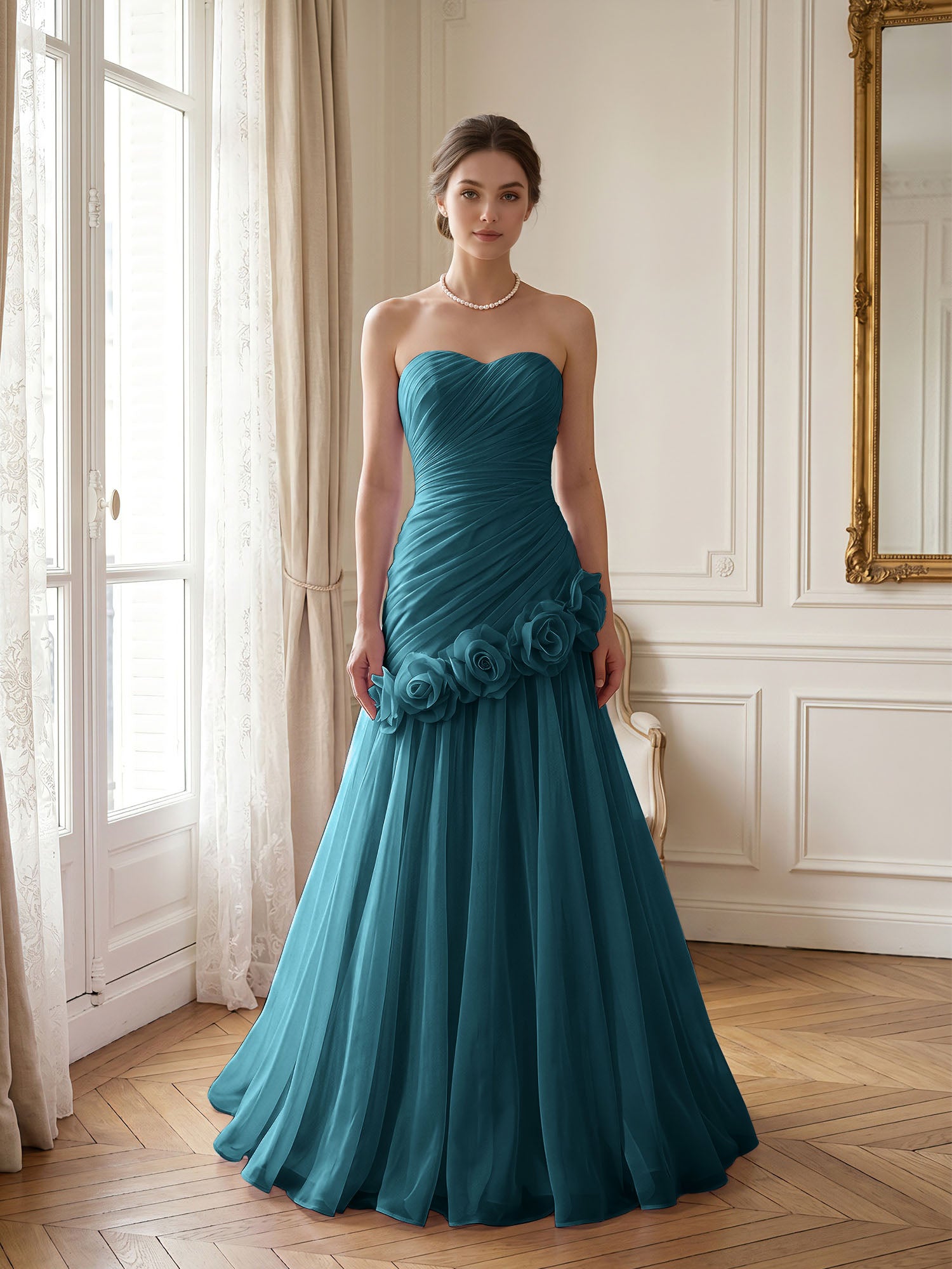 Lilac 3D Rosette Strapless Chiffon Evening Formal Gown Wedding Guest Dress