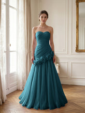 Lilac 3D Rosette Strapless Chiffon Evening Formal Gown Wedding Guest Dress