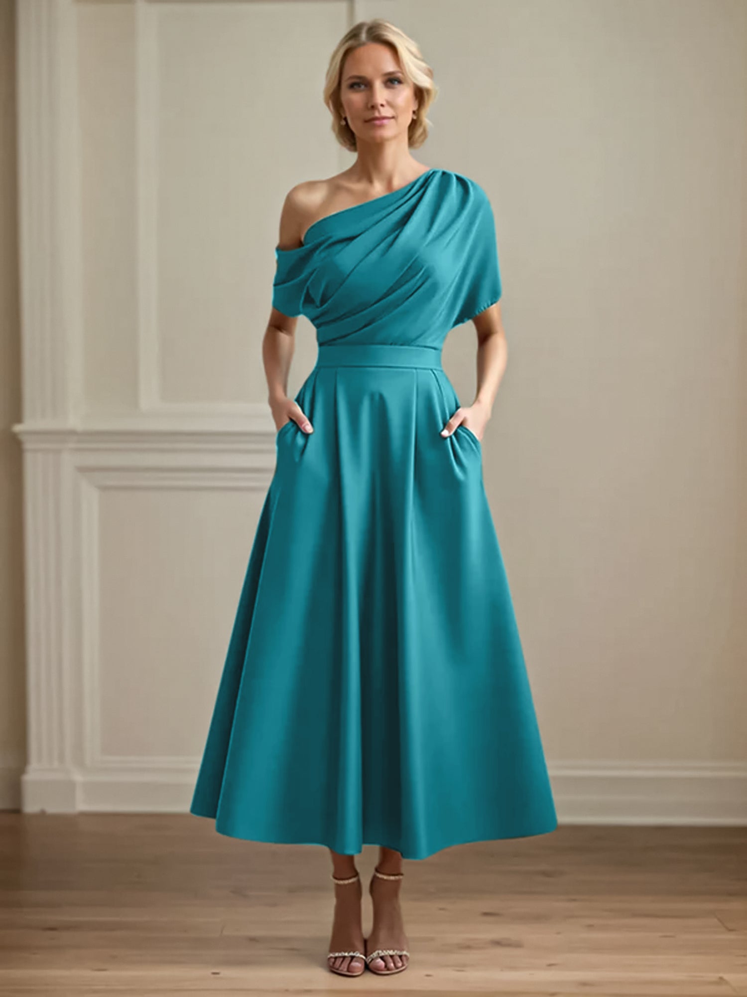 A Line Satin One Shoulder Pleated Ankle Length Mother of the Bride Dress