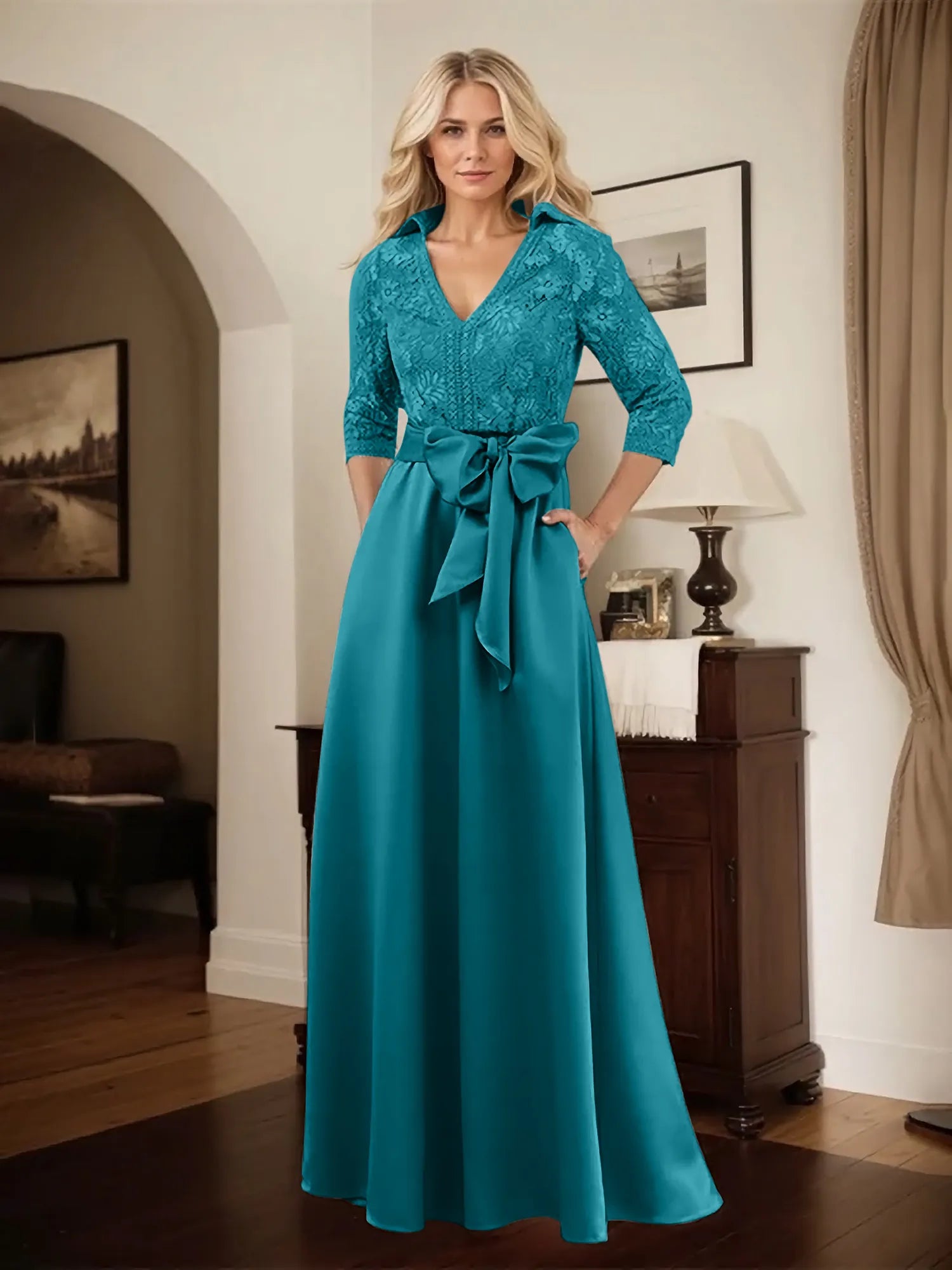 Classic V-Neck Bow Accented Satin Mother Of The Bride Dress With Lace