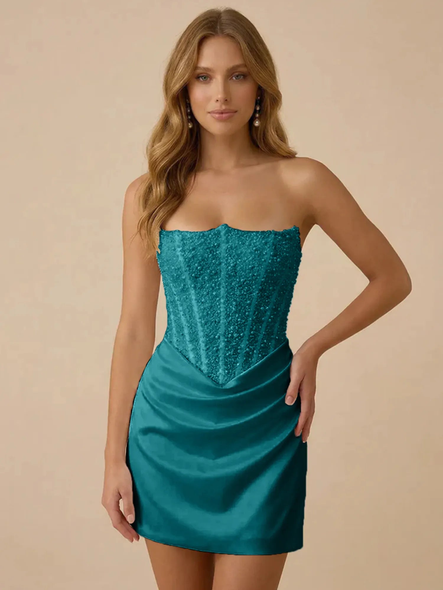 White Strapless Sequin Beaded Satin Short Homecoming Dress with Corset