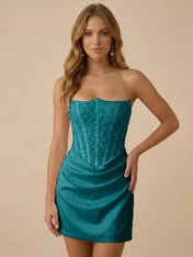White Strapless Sequin Beaded Satin Short Homecoming Dress with Corset