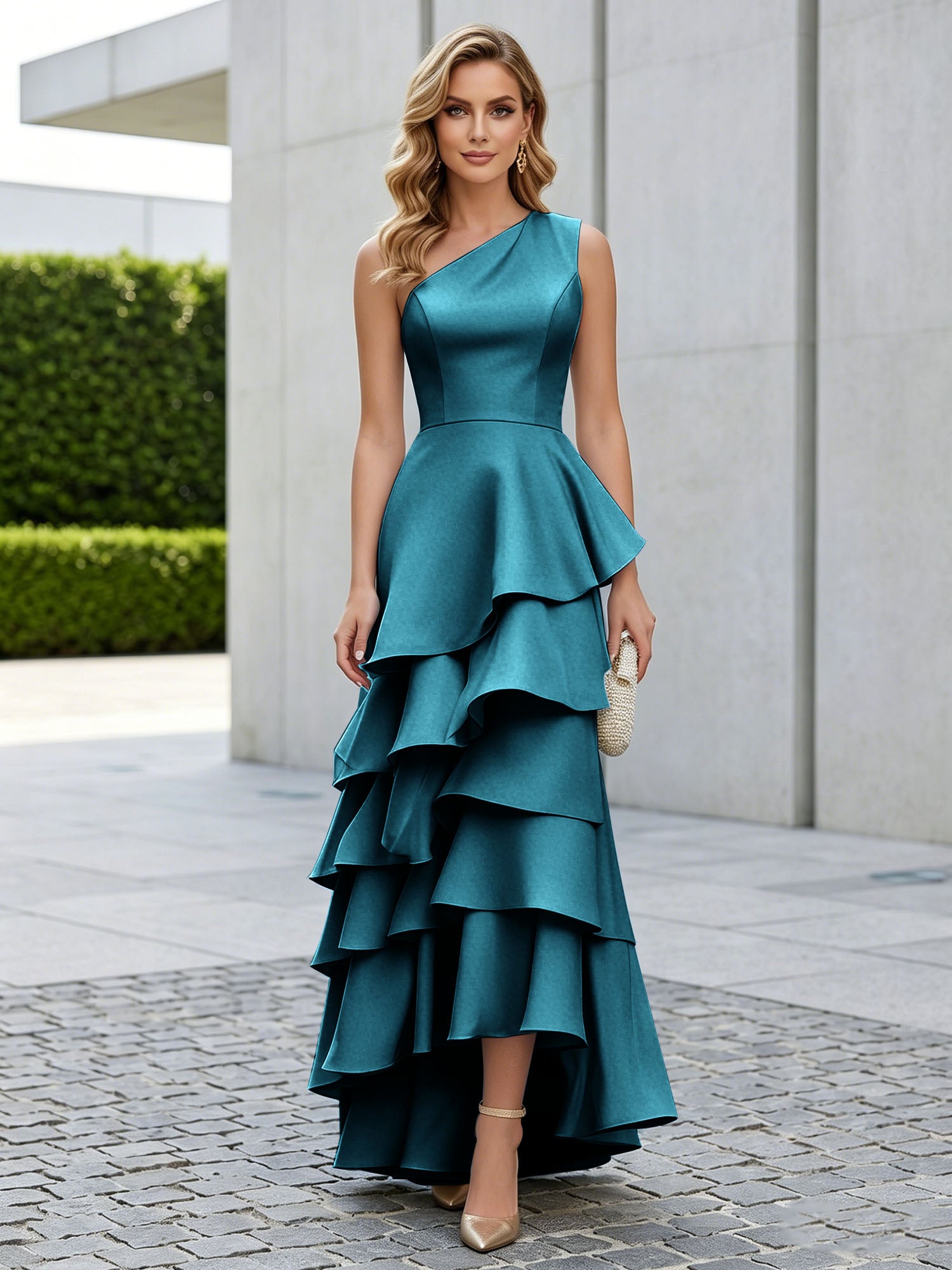 One Shoulder Tiered Ruffle Satin Mermaid Evening Gown with Sculptural Layers