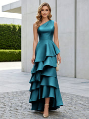 One Shoulder Tiered Ruffle Satin Mermaid Evening Gown with Sculptural Layers