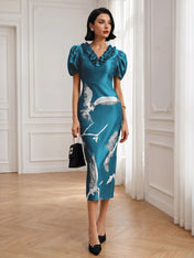 Black Folds V Neck Puff Sleeve Midi Sheath Dress