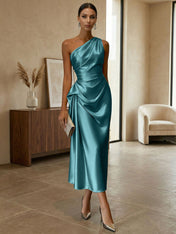 Champagne Ruched Satin One Shoulder Sleeveless Sheath Midi Dress