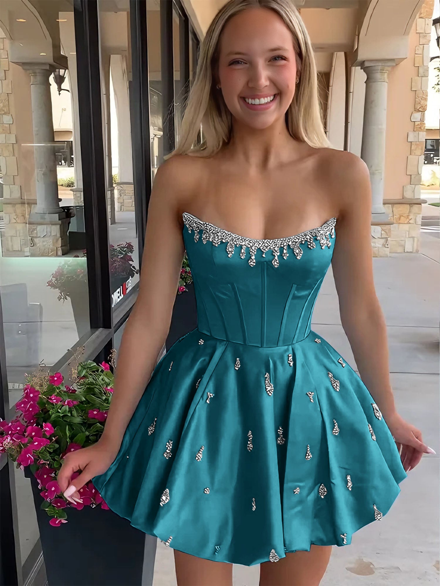 Sparkly Satin A Line Short Corset Homecoming Dress with Rhinestones