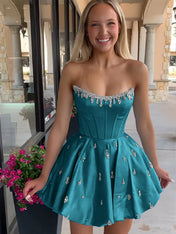 Sparkly Satin A Line Short Corset Homecoming Dress with Rhinestones