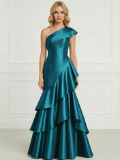 Formal Evening Dress Dark Blue One-Shoulder Satin Tiered Maxi Gown