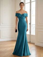 Formal Wedding Guest Dress Navy Off Shoulder Maxi Mermaid Dress