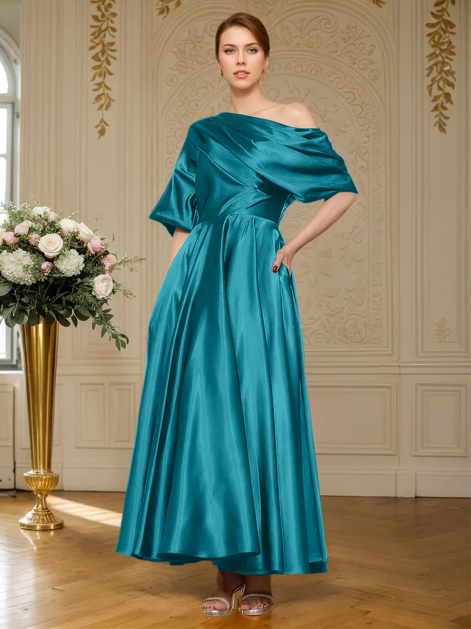 A-line Short Sleeves Pleated Ankle-Length Silk like Satin Mother of the Bride Dress