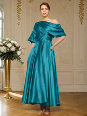 A-line Short Sleeves Pleated Ankle-Length Silk like Satin Mother of the Bride Dress