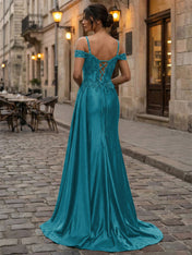 Emerald Green Beaded Corset Satin Long Prom Dress
