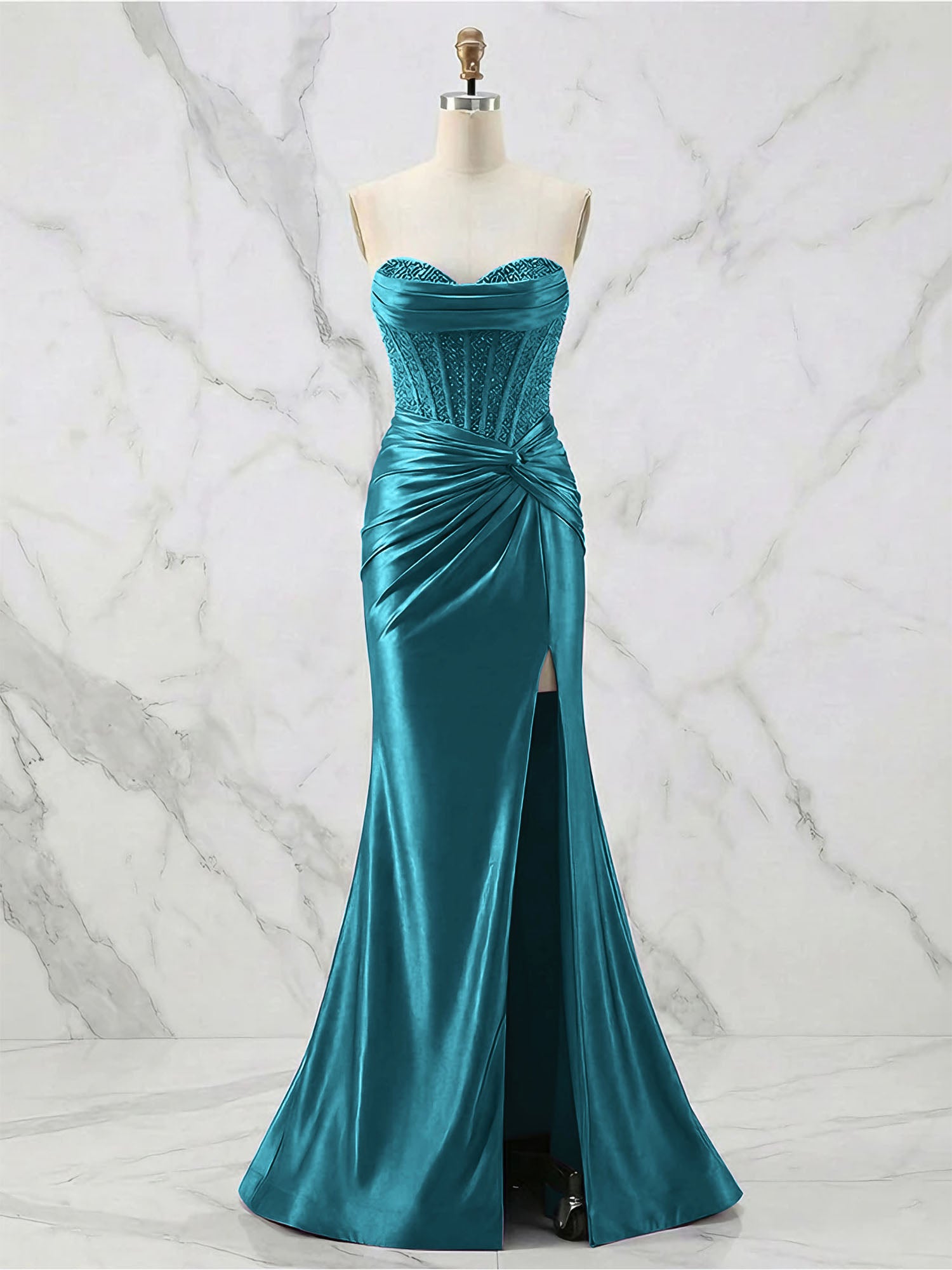 Glamorous Strapless Beaded Corset Satin Prom Dress with Slit