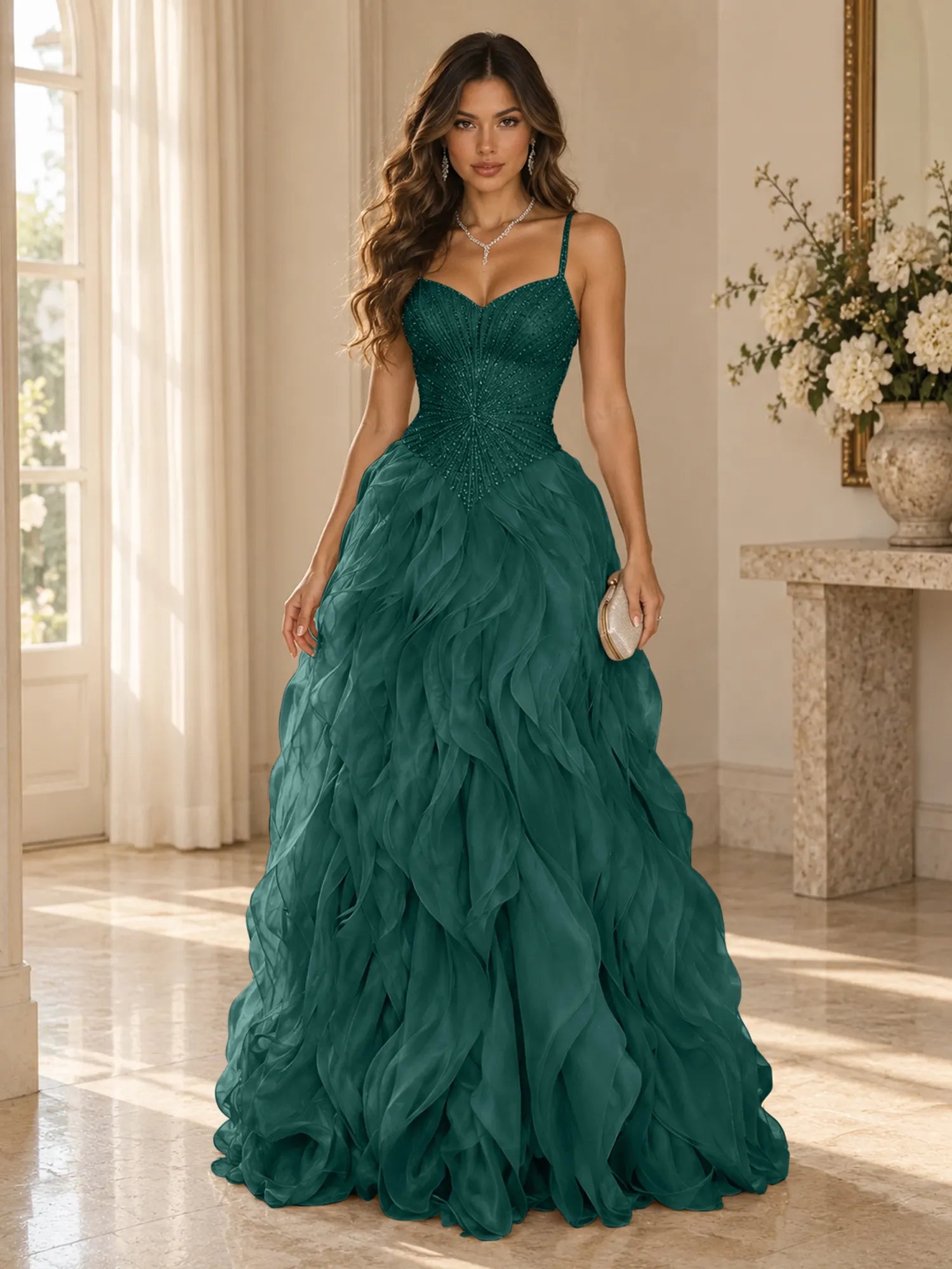 Elegant Beaded Spaghetti Strap Tiered Ruffle Ball Gown Evening Dress
