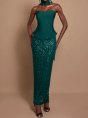 Off-Shoulder Bandage Top & Sequin Midi Skirt Set