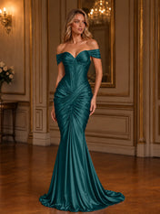 Burgundy Off-The-Shoulder Ruched Mermaid Floor-Length Gown Dress