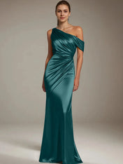 Formal Party Satin Dress Silver One-Shoulder Pleated  Floor-Length Dress