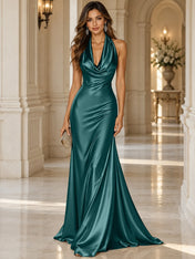 Elegant and Luxurious Cowl-neck Champagne Gold Satin Maxi Dress