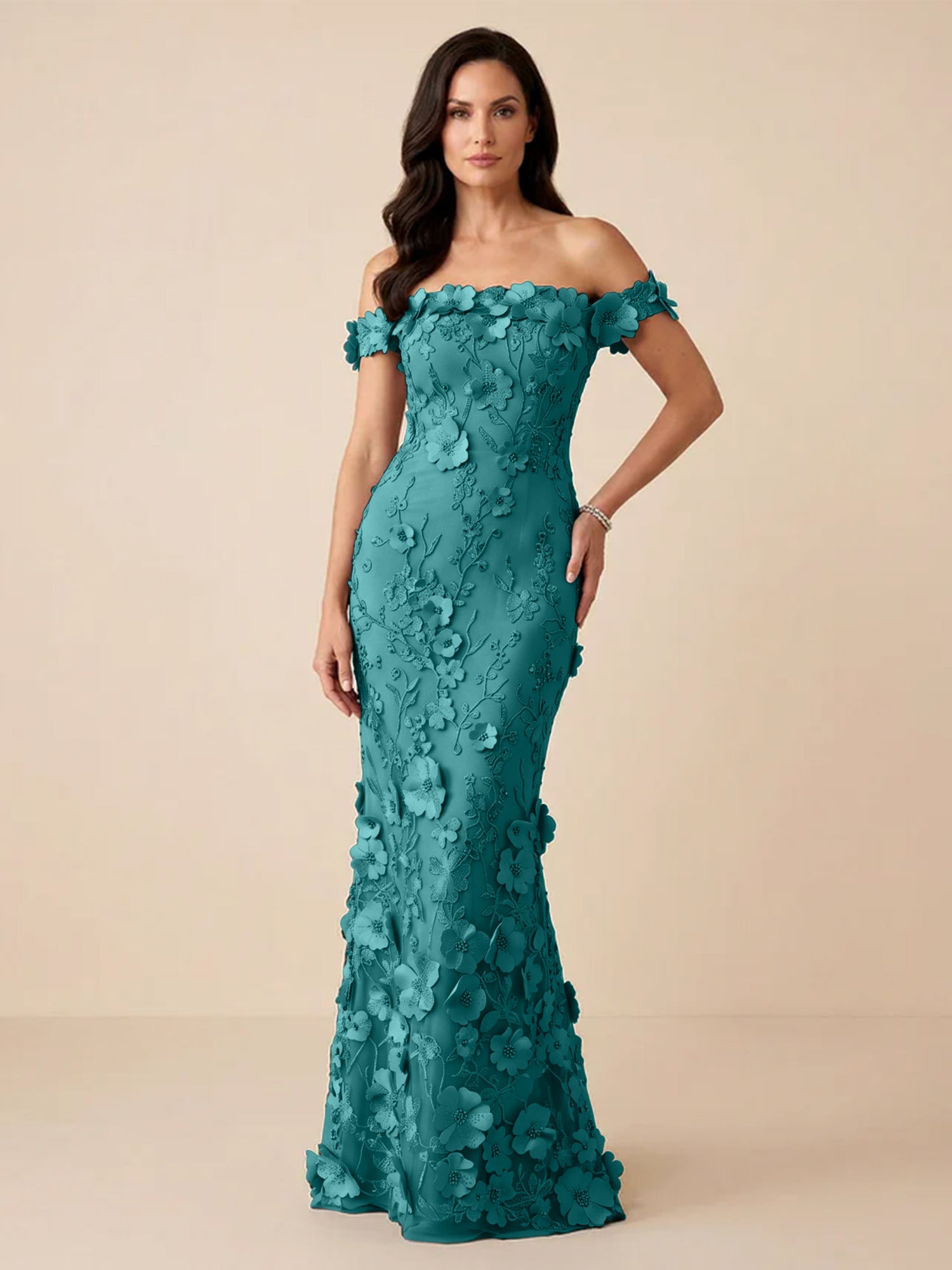 Black Off-the-Shoulder 3D Floral Mermaid Formal Gown Evening Dress