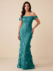 Black Off-the-Shoulder 3D Floral Mermaid Formal Gown Evening Dress