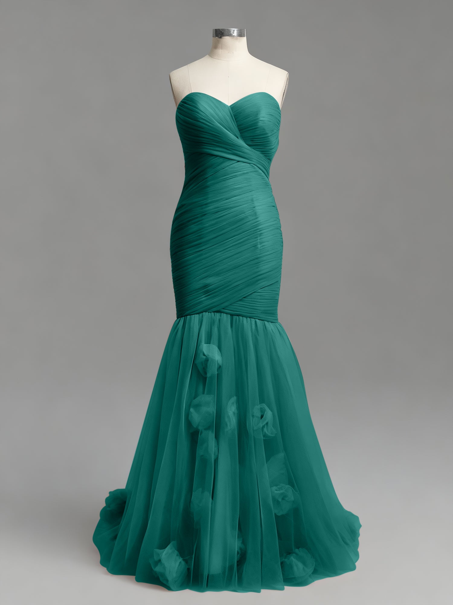 Dusty Rose Mermaid Strapless Ruched Tulle Prom Dress with 3D Floral