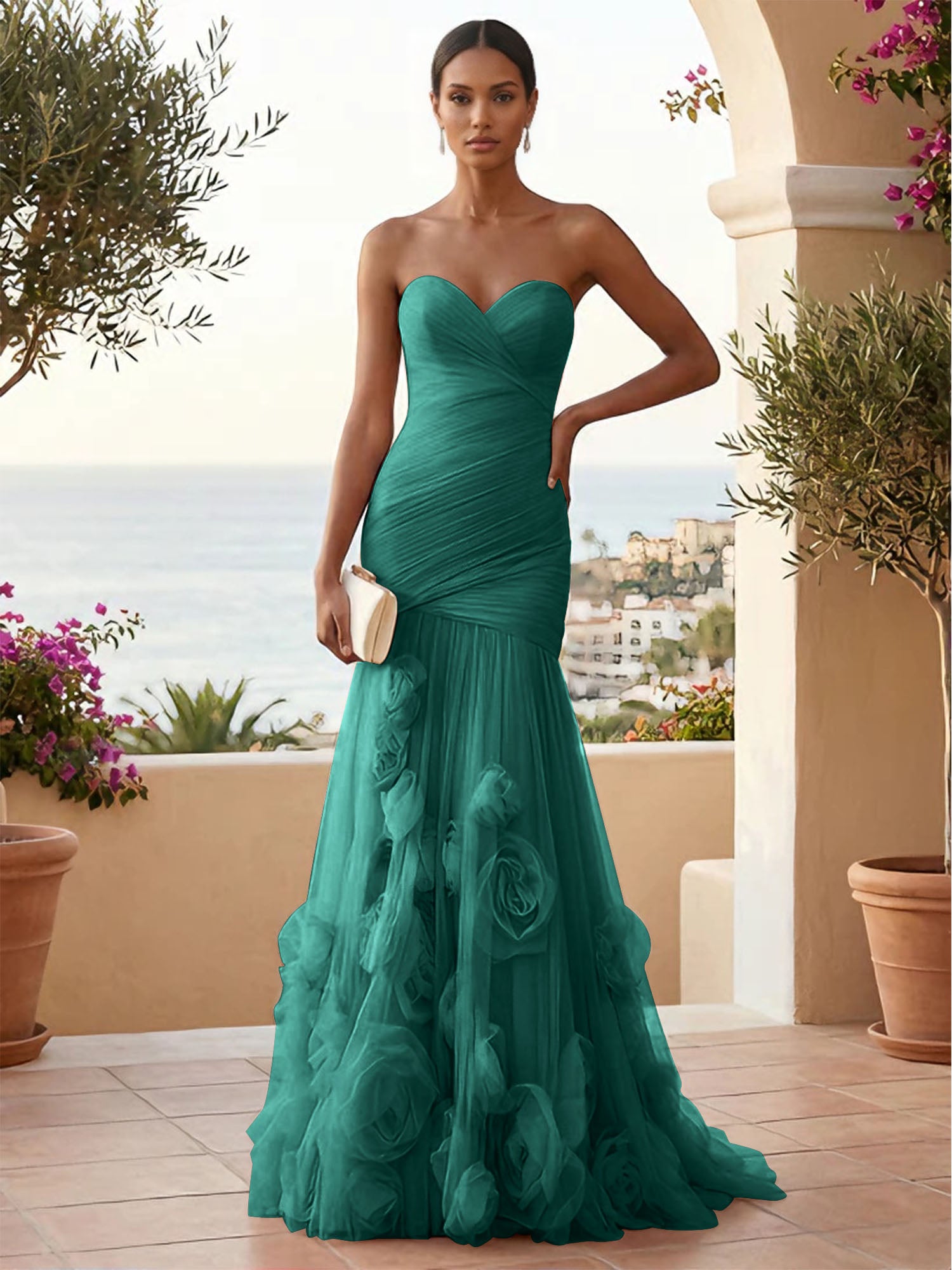 Sweetheart Tulle Pleat Mermaid Evening Dresses with 3D Flower