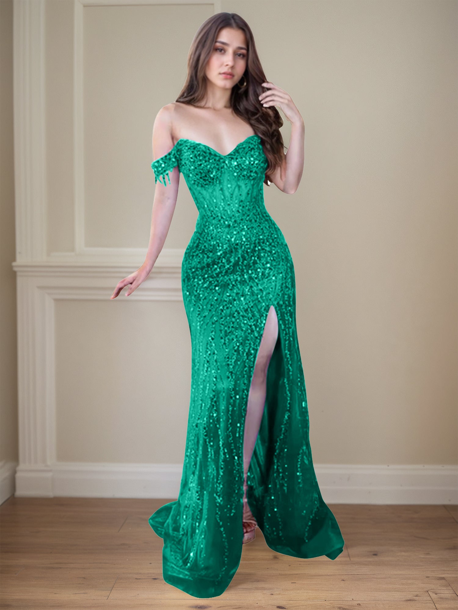 Red Off-the-Shoulder Beaded Tulle Long Prom Dress with Swirling Sequins