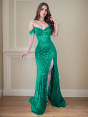 Red Off-the-Shoulder Beaded Tulle Long Prom Dress with Swirling Sequins