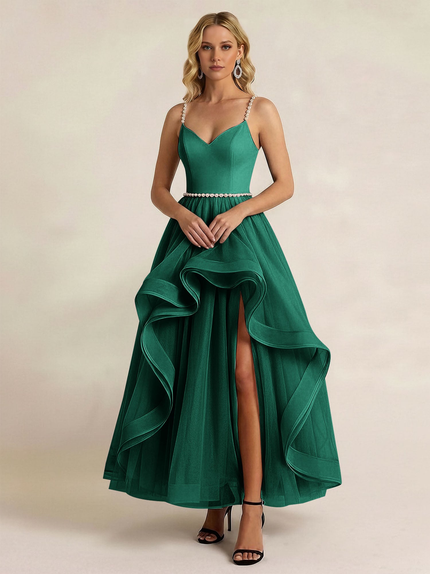 Black Tulle Ruffled A Line Long Formal Dress with Slit