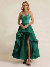 Black Tulle Ruffled A Line Long Formal Dress with Slit