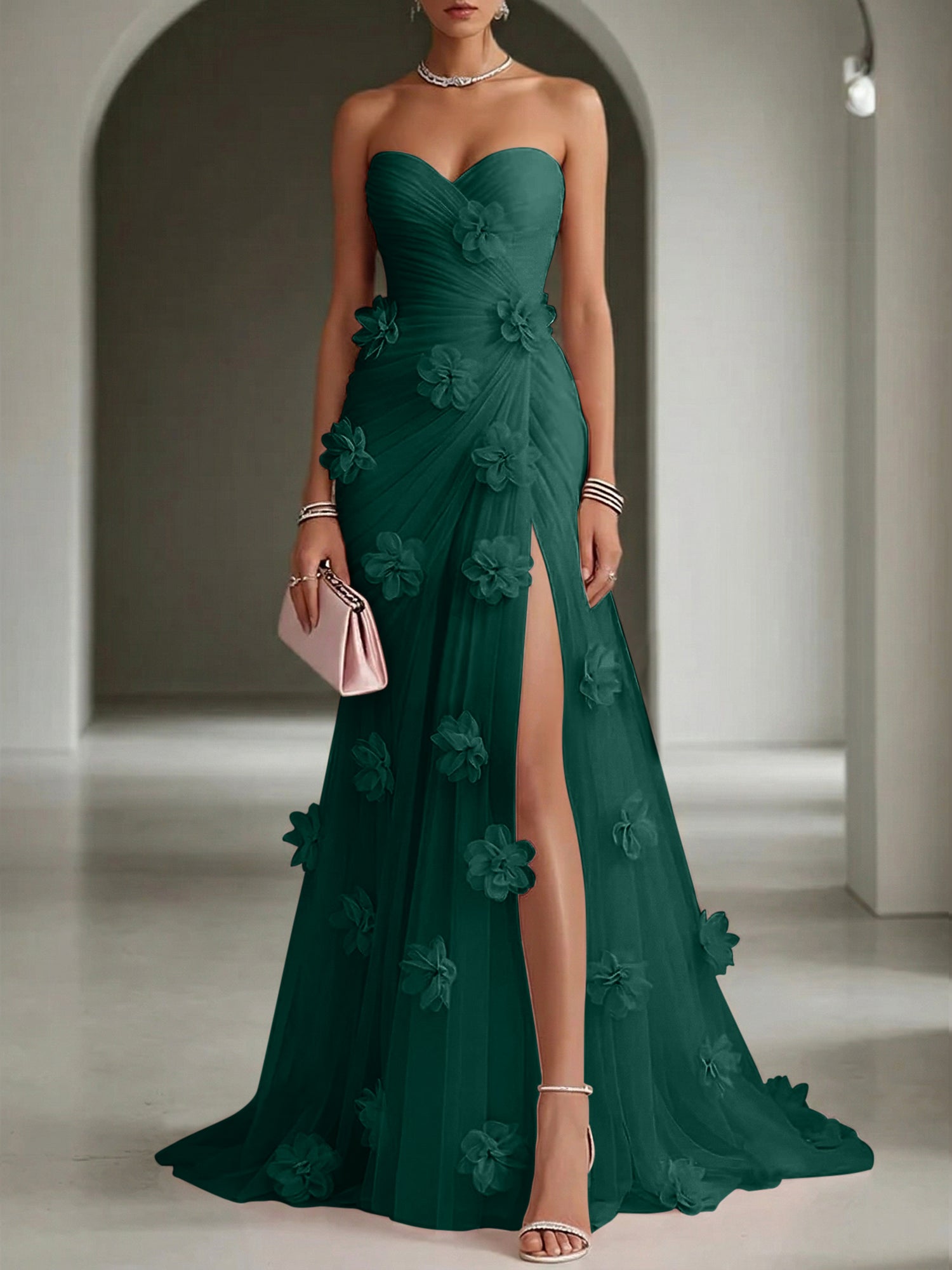 Ethereal Blush Slit 3D Floral Strapless Tulle Gown Dress