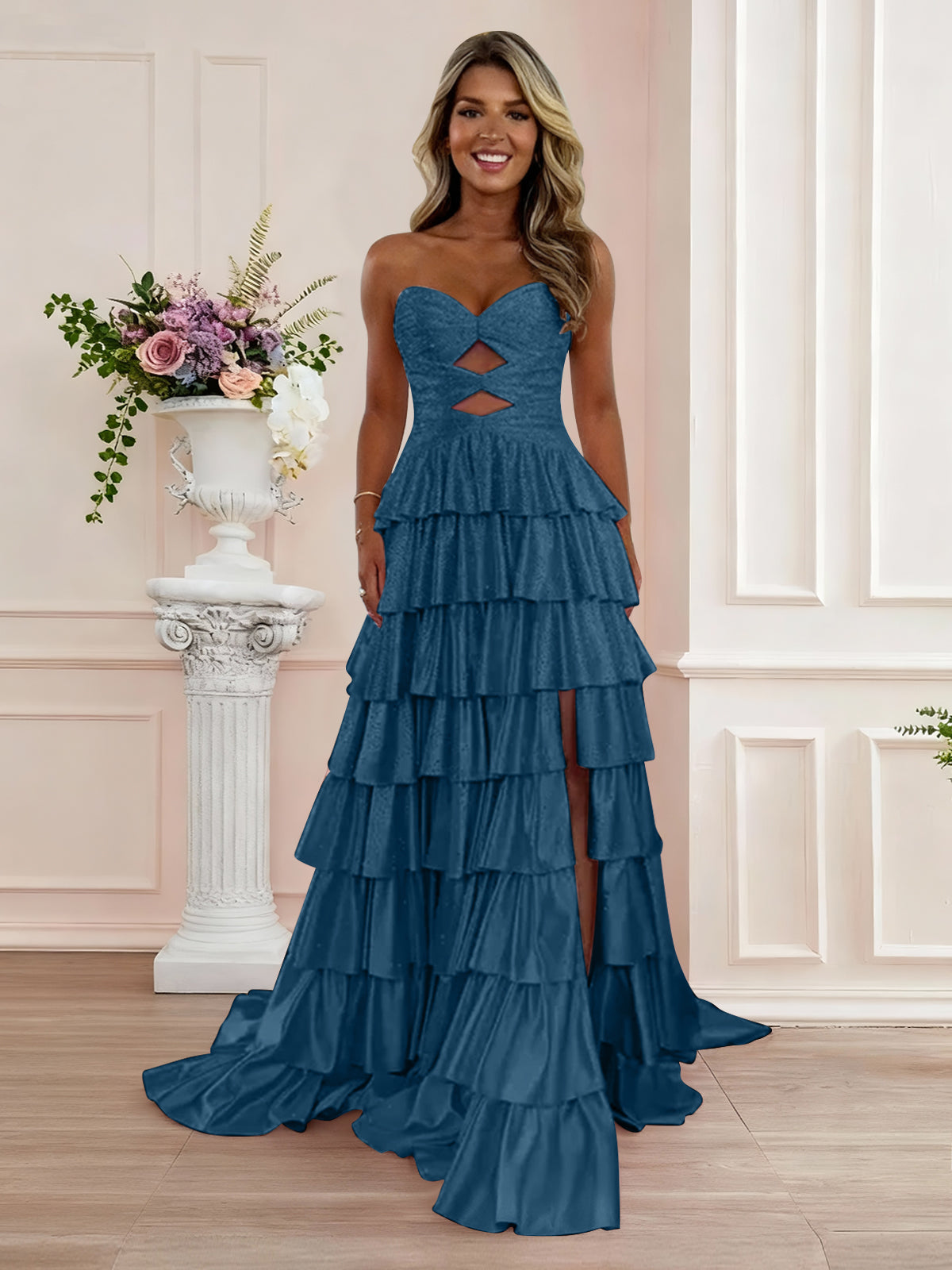 A Line Strapless Sweetheart Satin Prom Dress with Keyhole