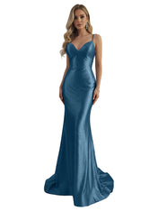 Blue Mermaid Spaghetti Straps V-Neck Rhinestone Long Prom Dress