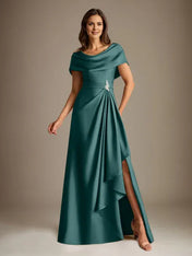 A-Line Scoop Floor-Length Stretch Satin Mother of the Bride Dress With Cascading Ruffles