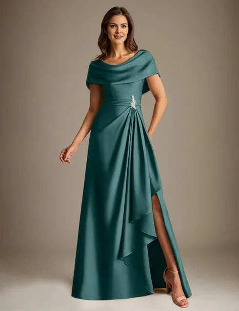 A-Line Scoop Floor-Length Stretch Satin Mother of the Bride Dress With Cascading Ruffles