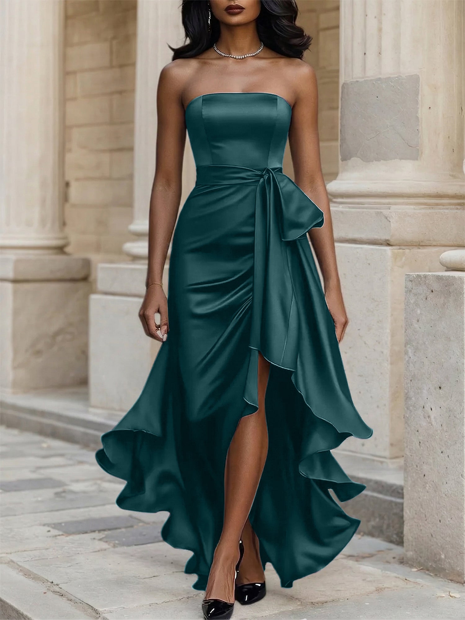 Glamorous Formal Dress Midnight Navy Strapless Satin Gown Midi Dress
