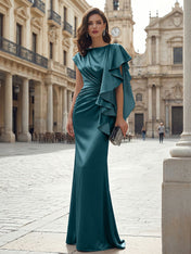 Elegant Formal Evening Dress Moonlight Silver Asymmetrical Ruffle Satin Gown