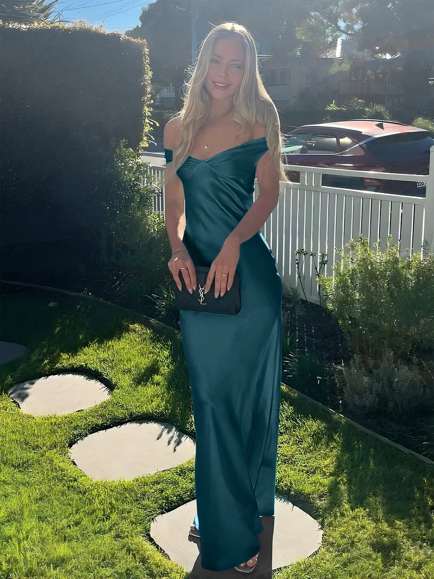 Aqua Mermaid Off The Shoulder Sheath Satin Long Prom Dress